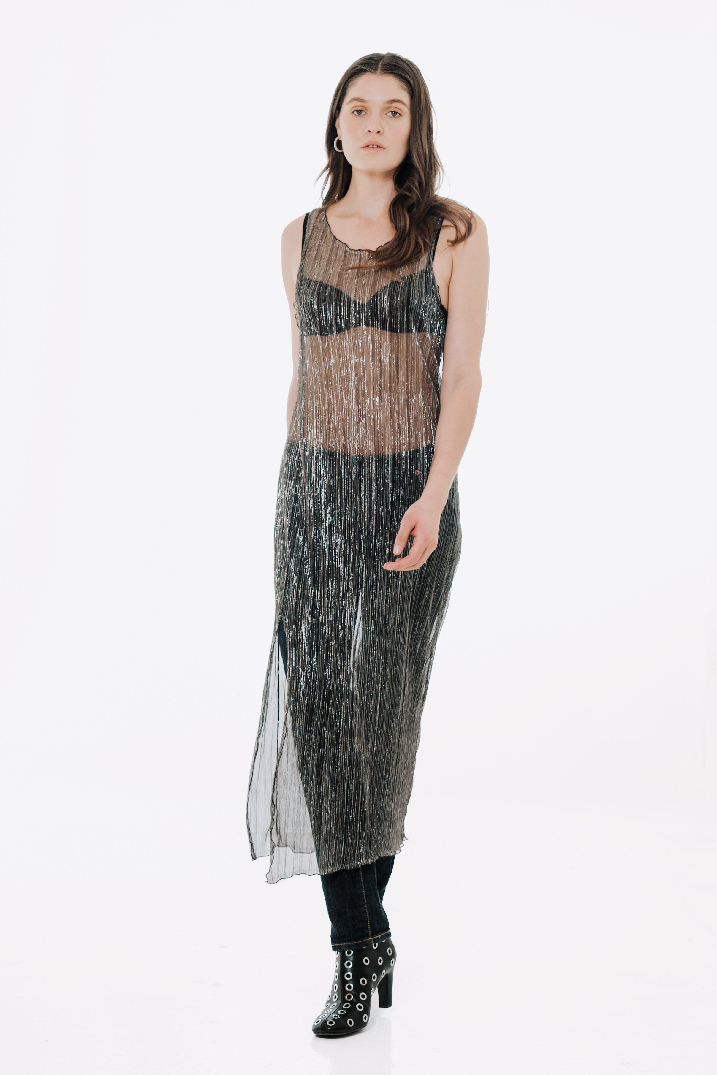The Urania Sleeveless Maxi Dress- Silver